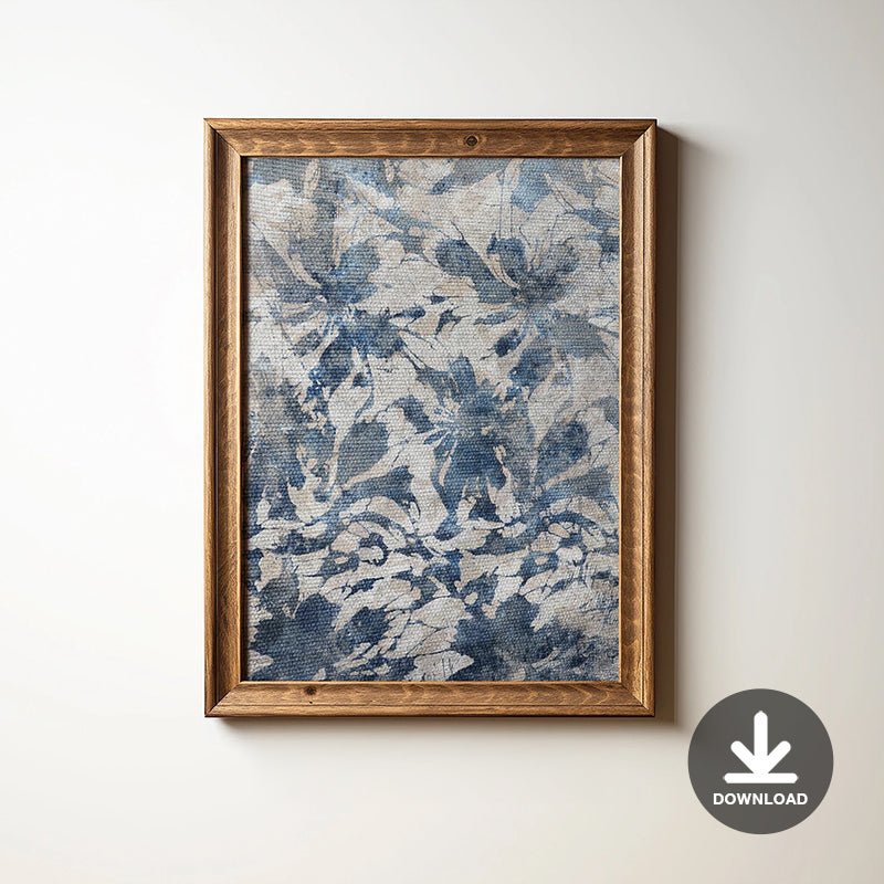 Muted Vintage Textile Art Print, Neutral Abstract Floral Pattern, Blue Botanical Japanese Wall Art, Printable Digital Antique Art Download