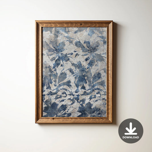 Muted Vintage Textile Art Print, Neutral Abstract Floral Pattern, Blue Botanical Japanese Wall Art, Printable Digital Antique Art Download