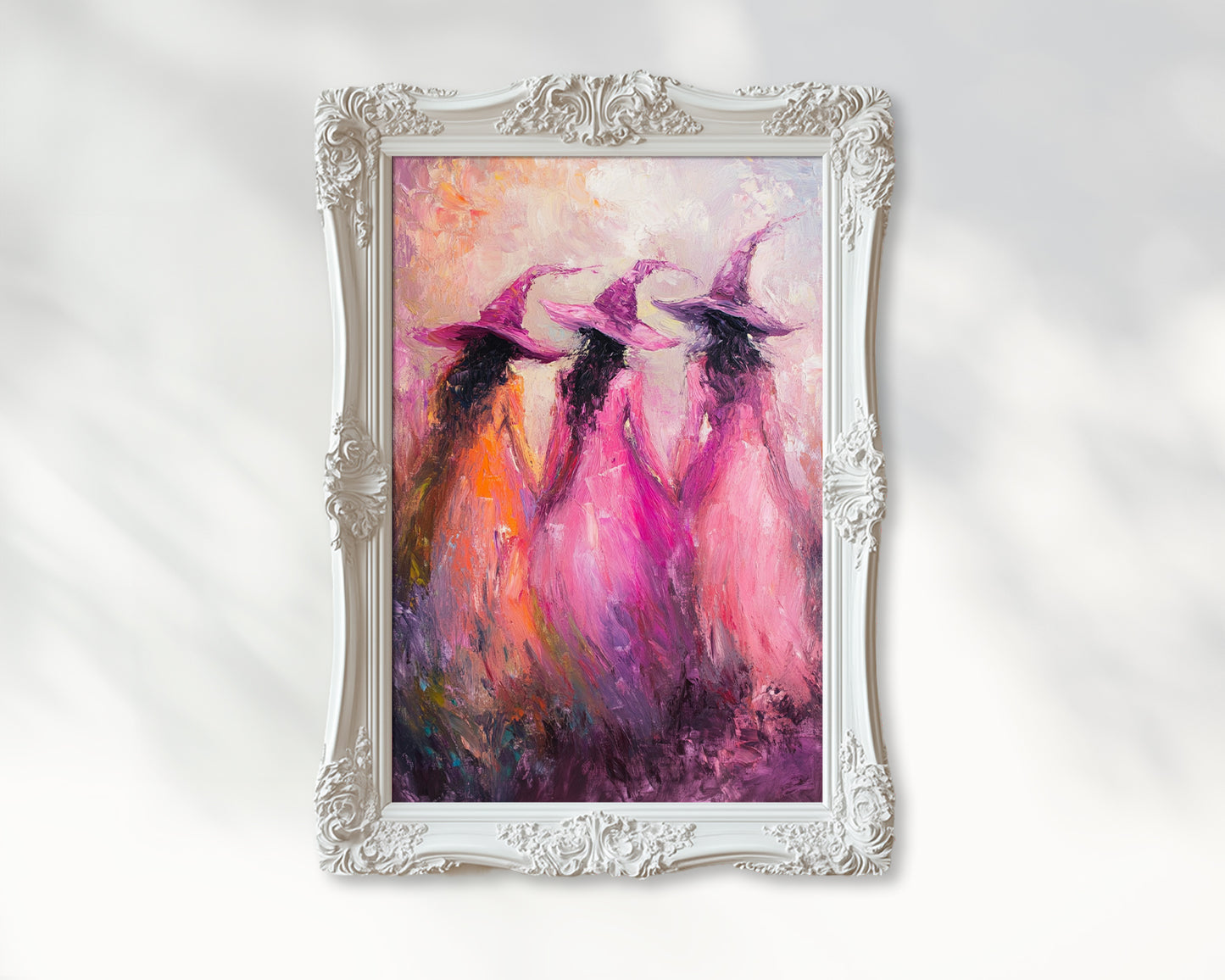 Pink Witches Impressionist Wall Art Poster – Magical Halloween Decor