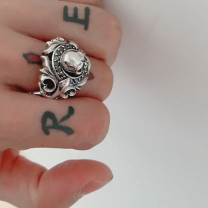 Gothic Skull Ring, Arabesque Ring with Black Cubic Zirconia, Biker Ring