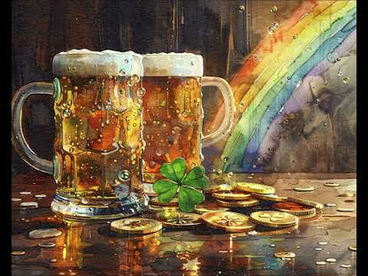 Frame TV Art St. Patrick's Day Celebration Beer Shamrocks Rainbow Gold Coins Watercolor Painting Paper Texture Home Bars Restaurants Decor