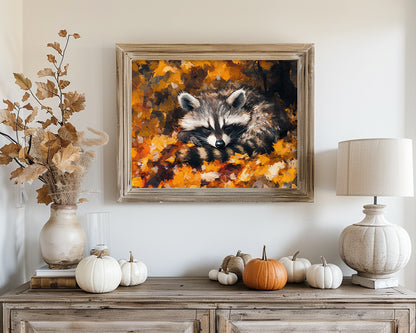 Sleeping Baby Raccoon in Autumn – 5:4 Ratio Canvas Wall Art