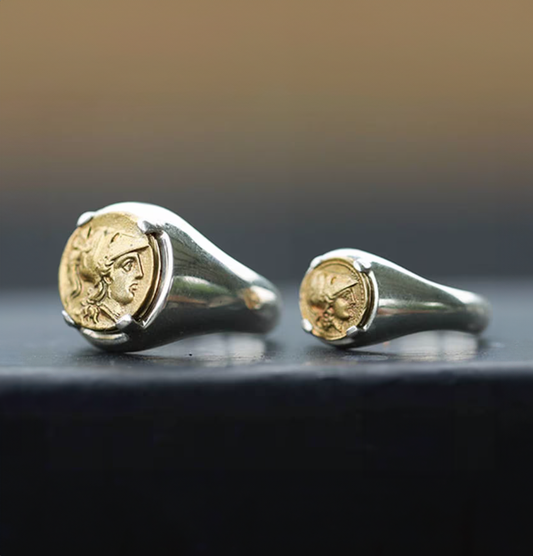 Ancient Greek Signet Ring 18K Gold Athena Coin