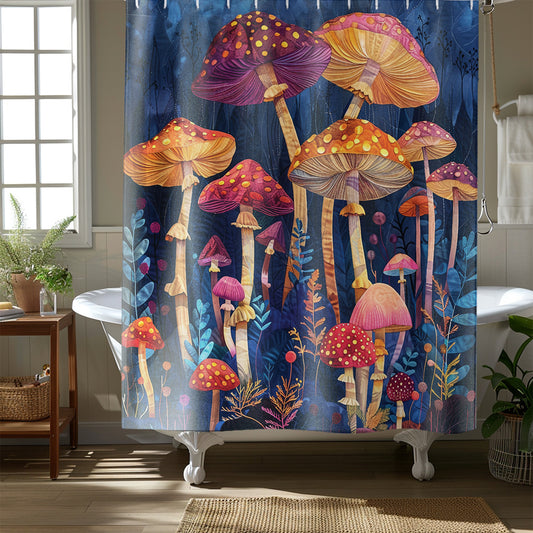 Mushrooms Patchwork Denim Quilt Art Print Shower Curtain Bathroom Decor