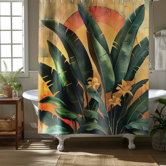 Tropical Sunset Banana Tree Shower Curtain Bathroom Decor