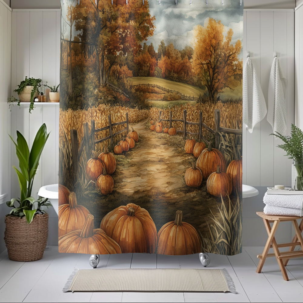 Pumpkin Patch Watercolor Shower Curtain Autumn Bathroom Decor