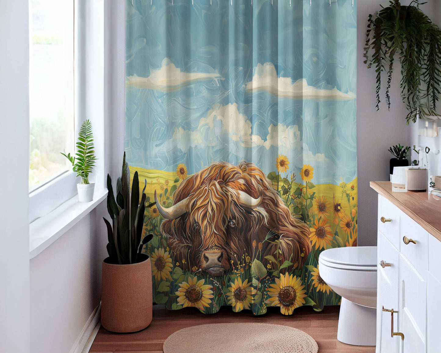 Adorable Highland Cattle Sunflower Meadow Home Decor Shower Curtain 71" x 74"