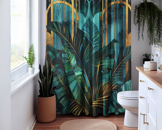 Tropical Monstera Palm Art Deco Style Shower Curtain Bathroom Decor