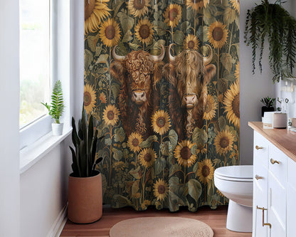 Cute Highland Cattle Sunflowers Home Decor Shower Curtain 71" x 74"
