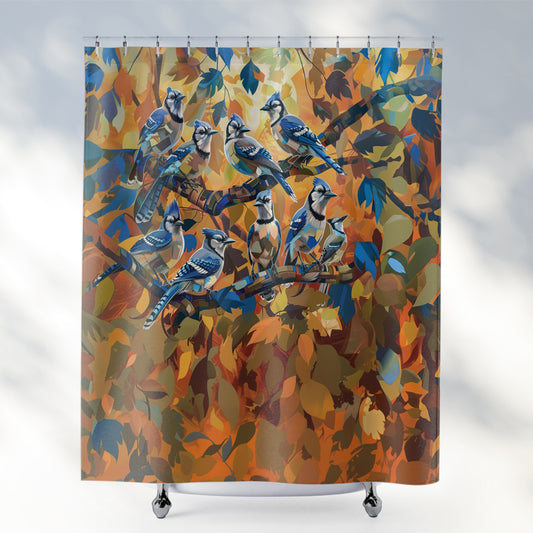 Abstract Blue Jay Birds Shower Curtain Autumn Bathroom Decor