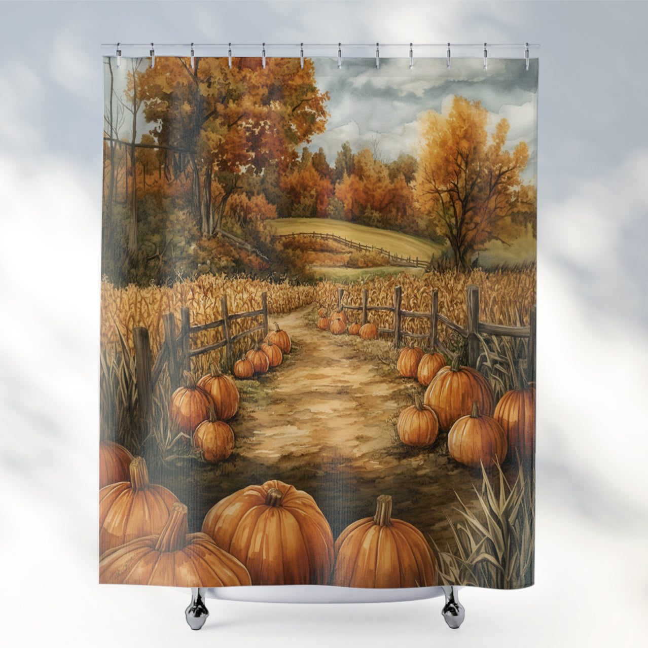 Pumpkin Patch Watercolor Shower Curtain Autumn Bathroom Decor