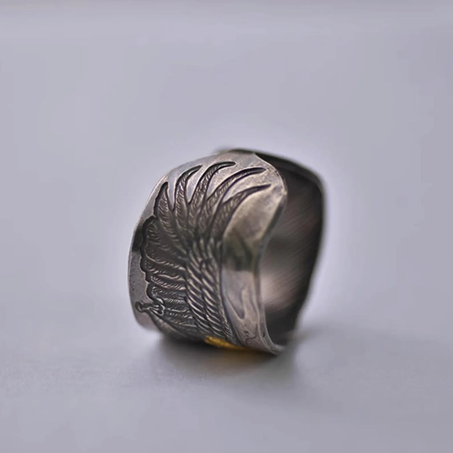Sterling Silver Eagle Cuff Ring, AU999 24K Gold Eagle Head