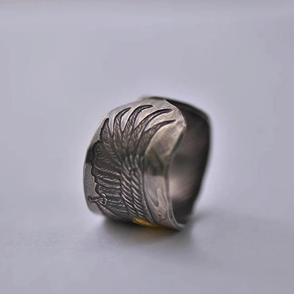 Sterling Silver Eagle Cuff Ring, AU999 24K Gold Eagle Head