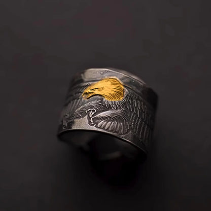 Sterling Silver Eagle Cuff Ring, AU999 24K Gold Eagle Head