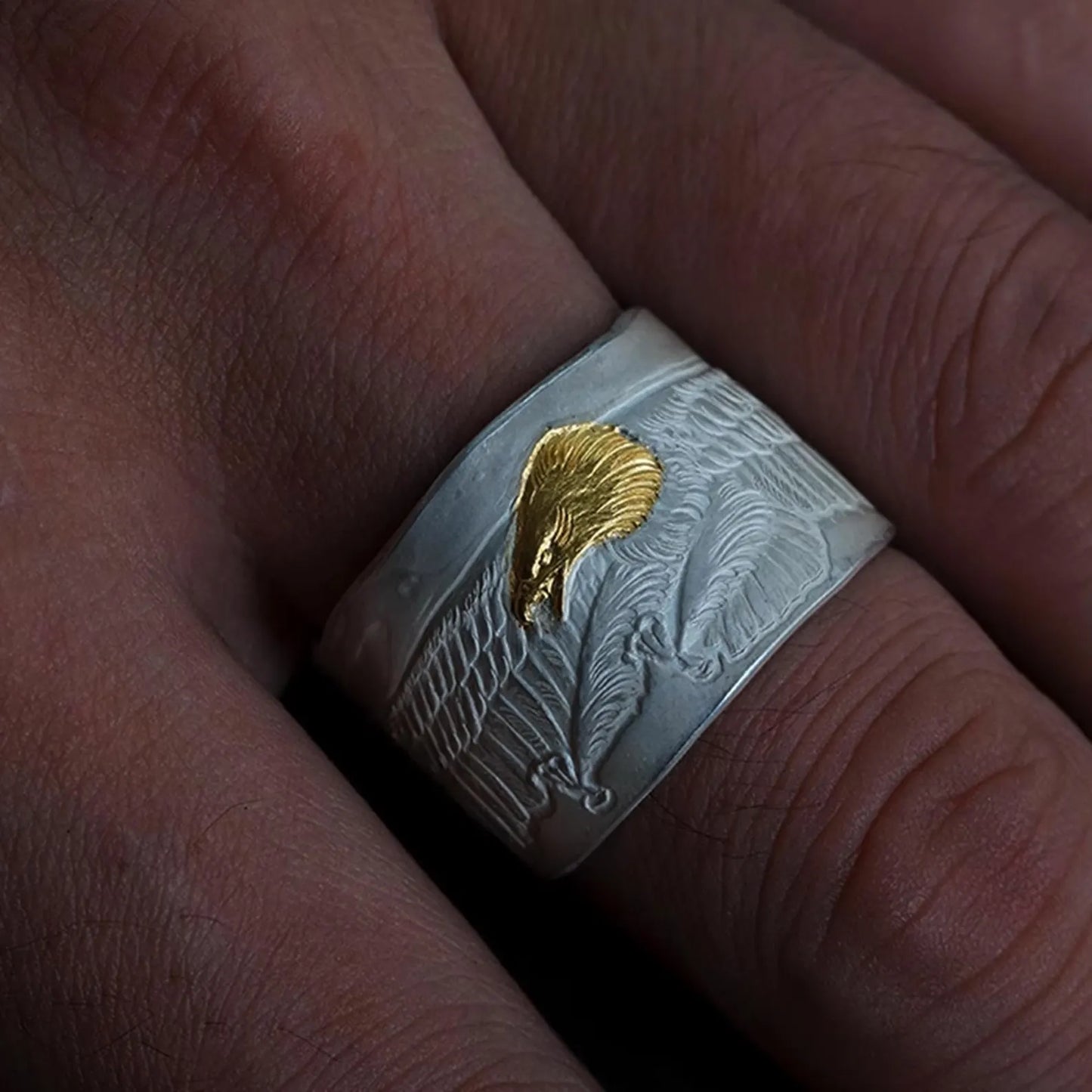 Sterling Silver Eagle Cuff Ring, AU999 24K Gold Eagle Head