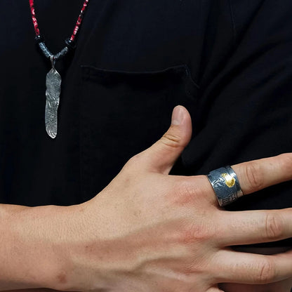 Sterling Silver Eagle Cuff Ring, AU999 24K Gold Eagle Head