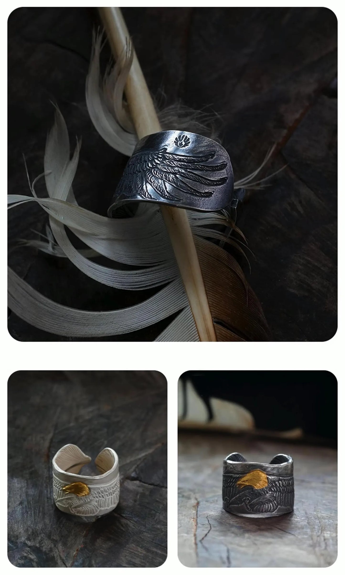 Sterling Silver Eagle Cuff Ring, AU999 24K Gold Eagle Head