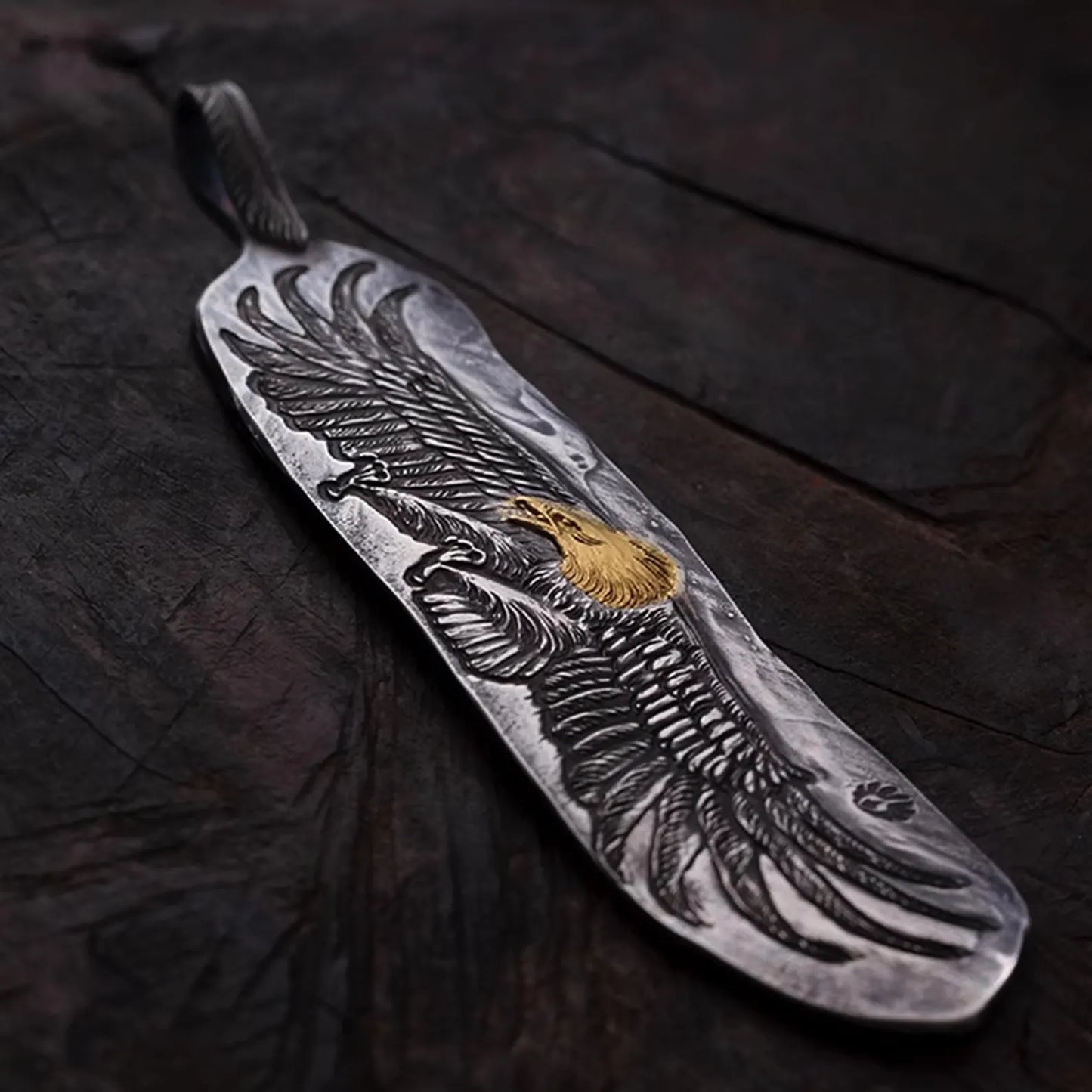 Silver Eagle Pendant AU999 24K Gold Accent, Unique Engraved Feather Pendant