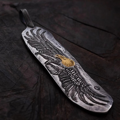 Silver Eagle Pendant AU999 24K Gold Accent, Unique Engraved Feather Pendant