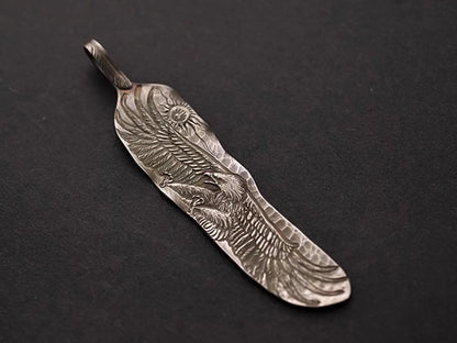 Silver Eagle Pendant AU999 24K Gold Accent, Unique Engraved Feather Pendant