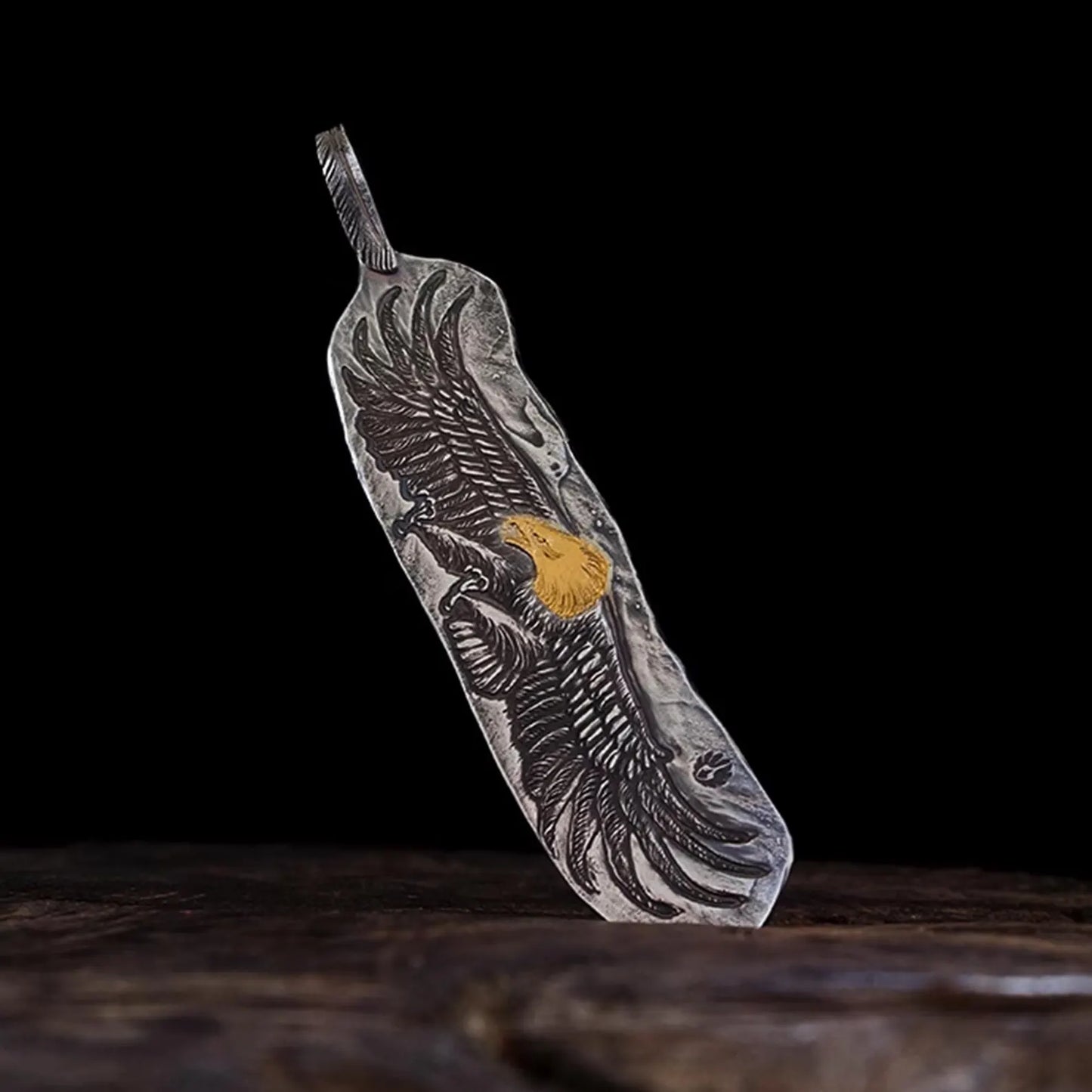 Silver Eagle Pendant AU999 24K Gold Accent, Unique Engraved Feather Pendant