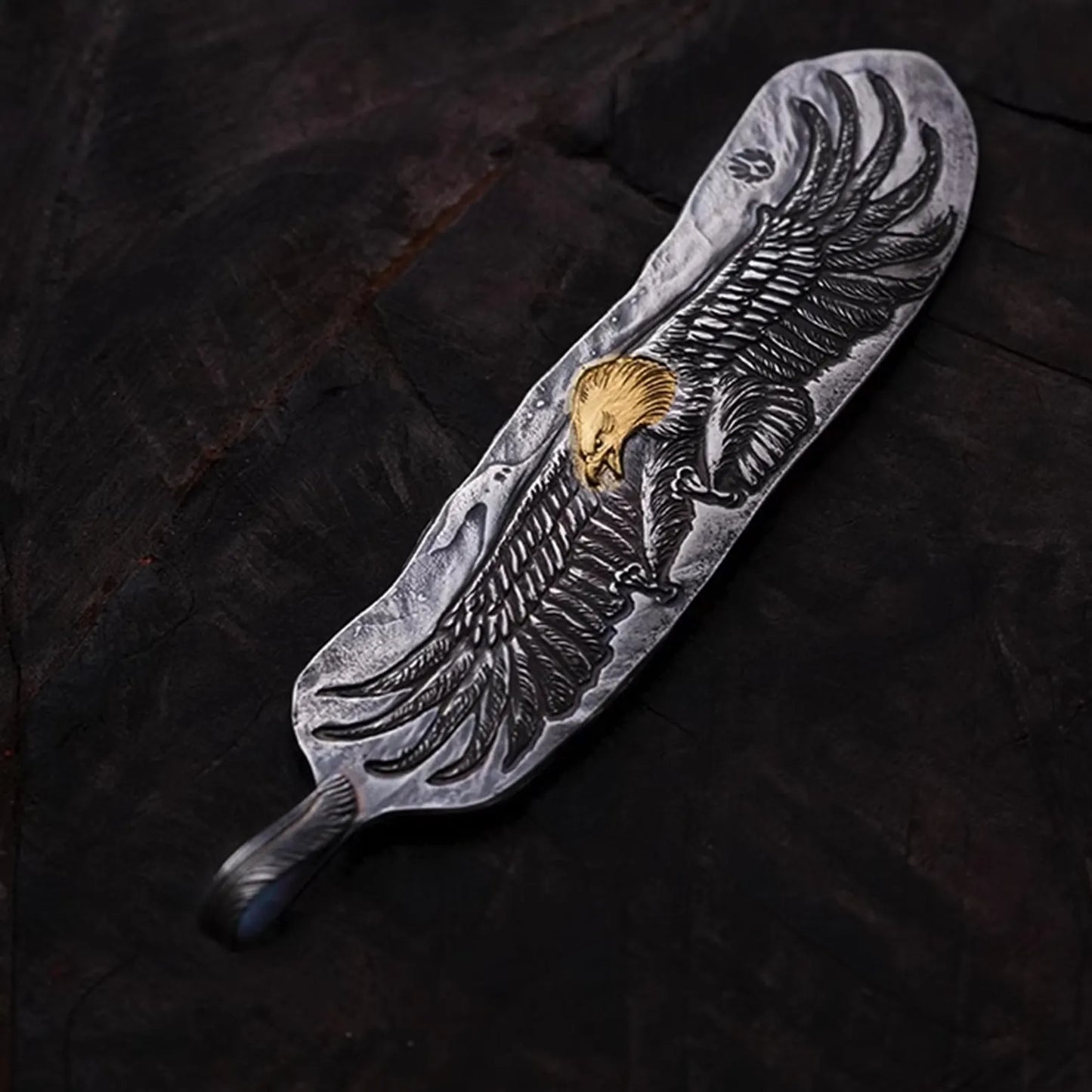 Silver Eagle Pendant AU999 24K Gold Accent, Unique Engraved Feather Pendant