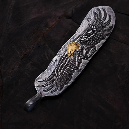 Silver Eagle Pendant AU999 24K Gold Accent, Unique Engraved Feather Pendant