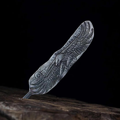 Silver Eagle Pendant AU999 24K Gold Accent, Unique Engraved Feather Pendant
