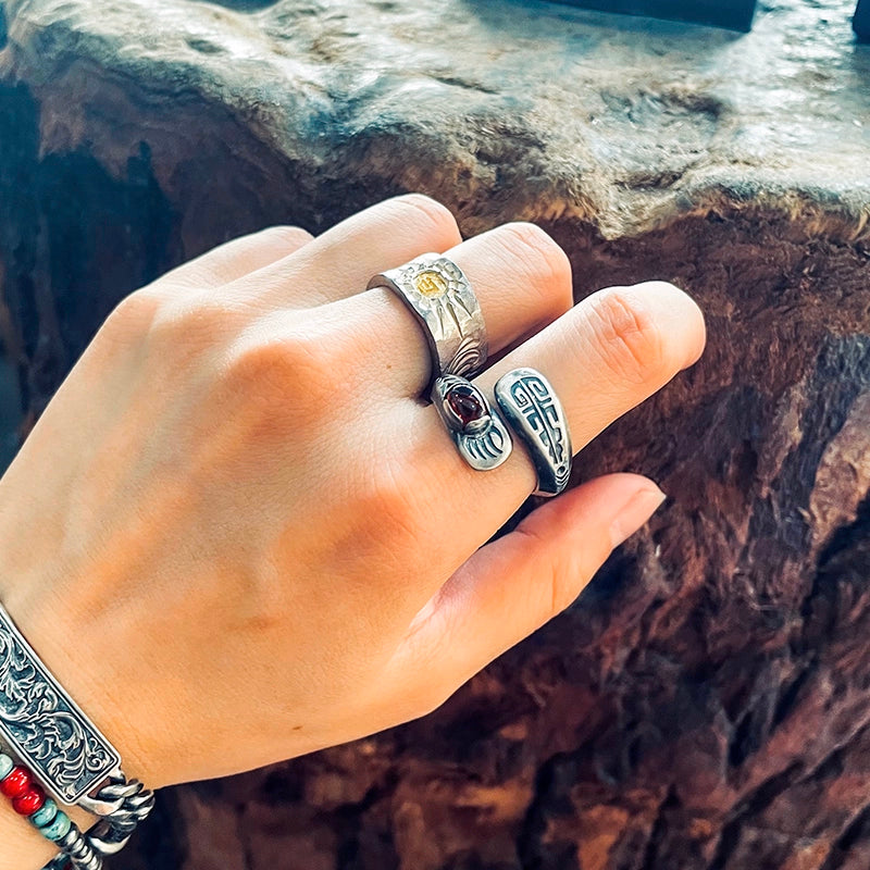 Bear Claw Totem Gemstone Silver Boho Chic Couple Rings