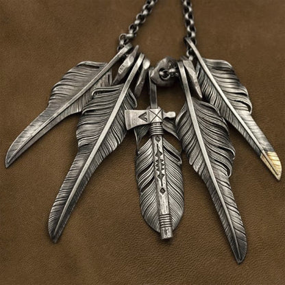 Peace Pipe Tomahawk Silver Feather Pendant