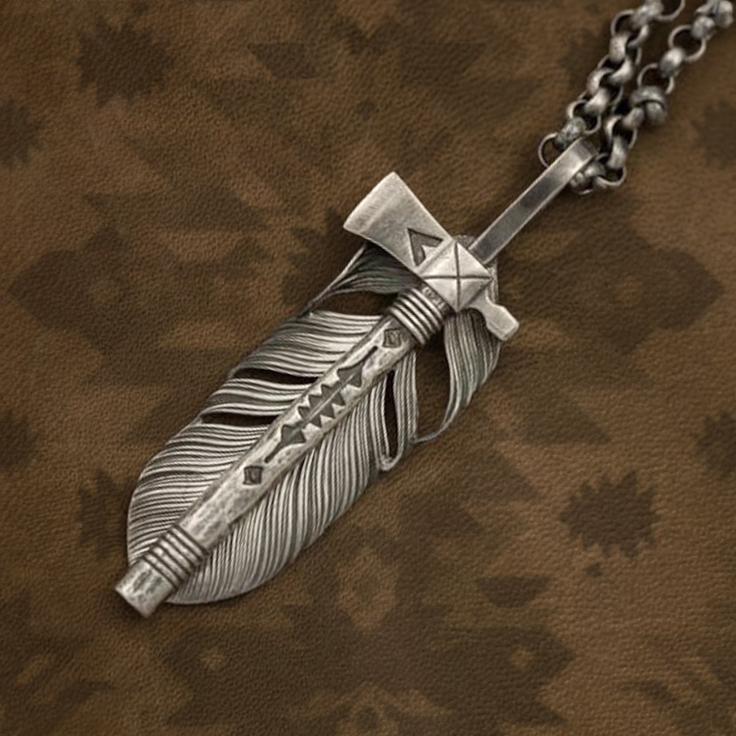 Peace Pipe Tomahawk Silver Feather Pendant