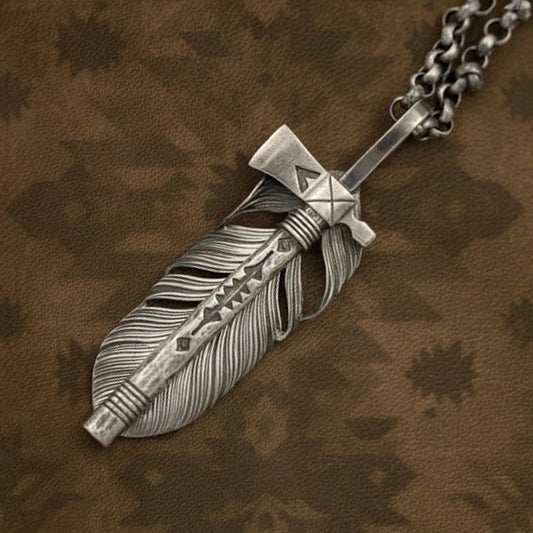 Peace Pipe Tomahawk Silver Feather Pendant