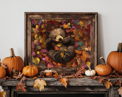 Sleeping Baby Bear in Autumn – 5:4 Ratio Canvas Wall Art