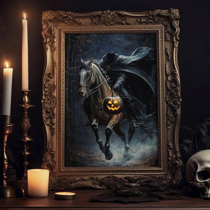 Spooky Headless Horseman Pumpkin Poster – Halloween Wall Art