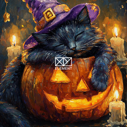 Sleeping Witch Cat Halloween Night Wall Art Poster