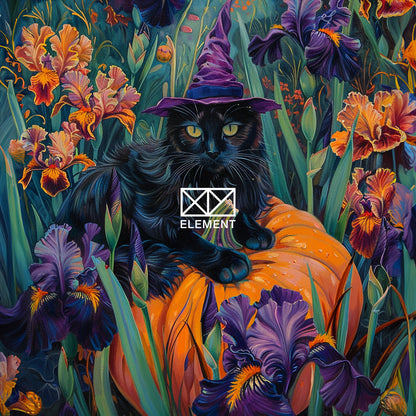 Witch Cat Pumpkin and Iris flowers – Canvas Print Wall Art