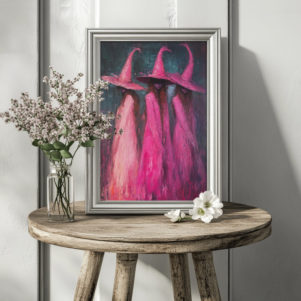 Impressionist Pink Witches Canvas Wall Art – Magical Halloween Decor