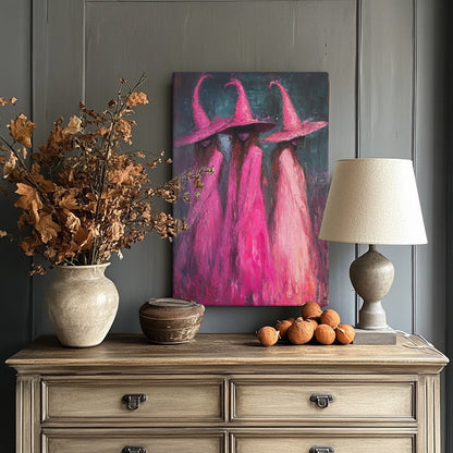 Impressionist Pink Witches Canvas Wall Art – Magical Halloween Decor