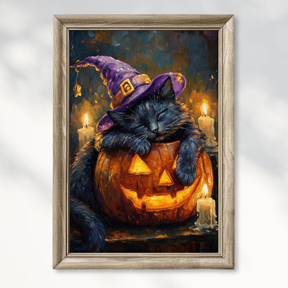 Sleeping Witch Cat Halloween Night Wall Art Poster