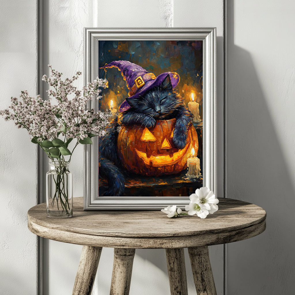 Sleeping Witch Cat Halloween Night Wall Art Poster