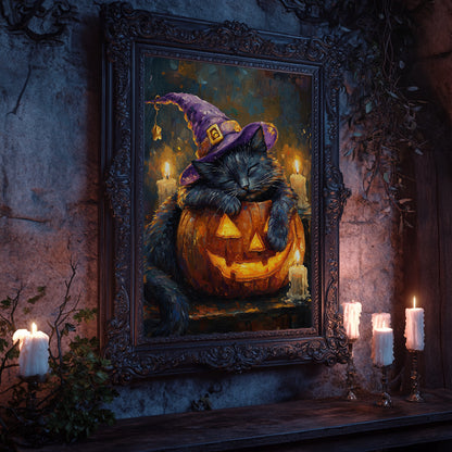 Sleeping Witch Cat Halloween Night Wall Art Poster