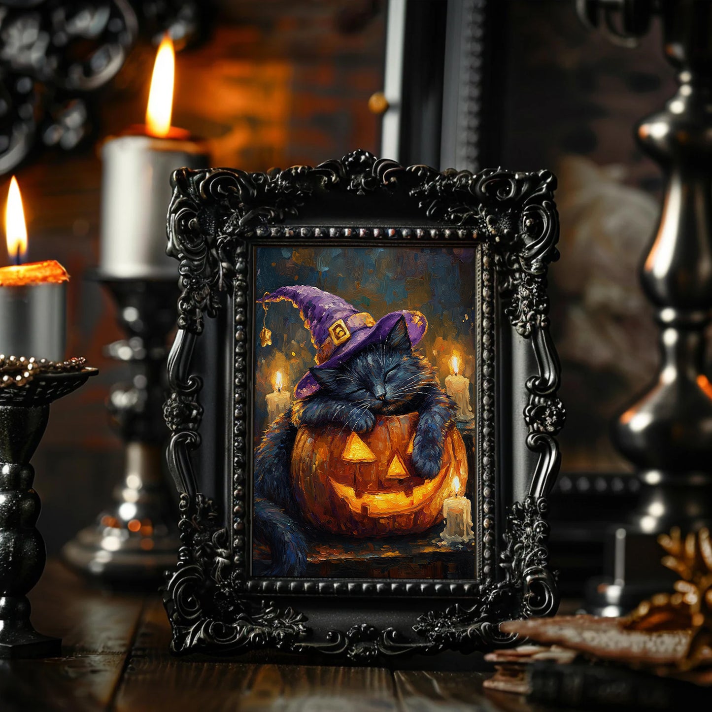 Sleeping Witch Cat Halloween Night Wall Art Poster