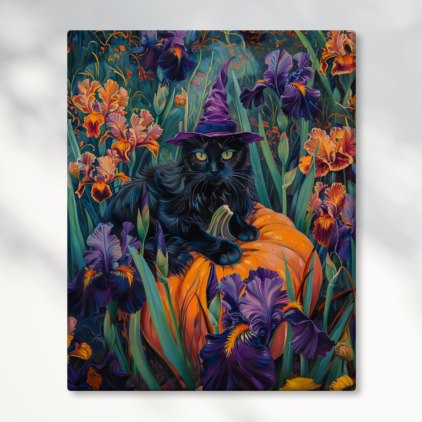 Witch Cat Pumpkin and Iris flowers – Canvas Print Wall Art