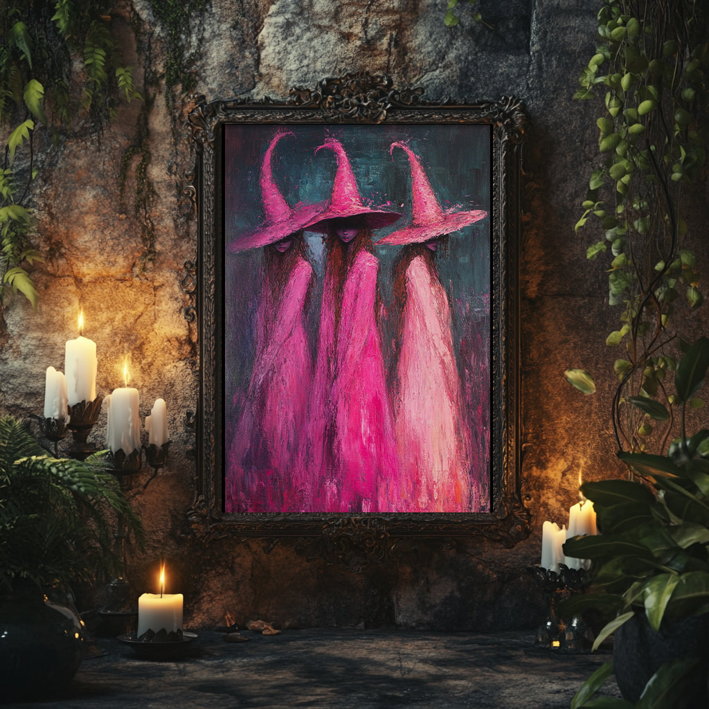 Impressionist Pink Witches Wall Art Poster – Magical Halloween Decor