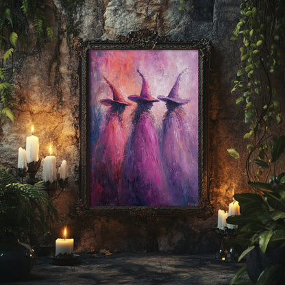 Pink Witches Impressionist Wall Art Poster – Magical Halloween Decor