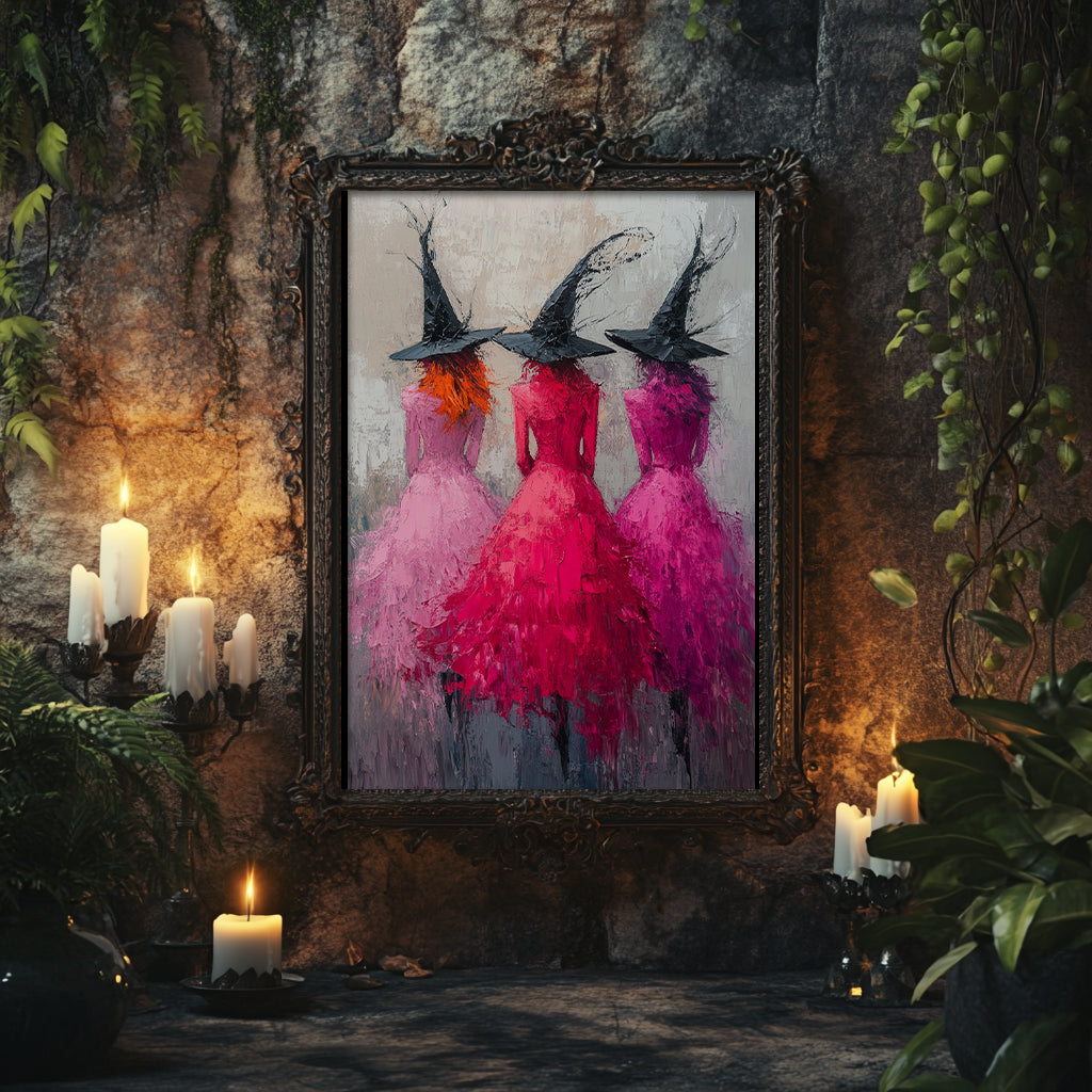 Witches in Pink Impressionist Wall Art Poster – Magical Halloween Decor