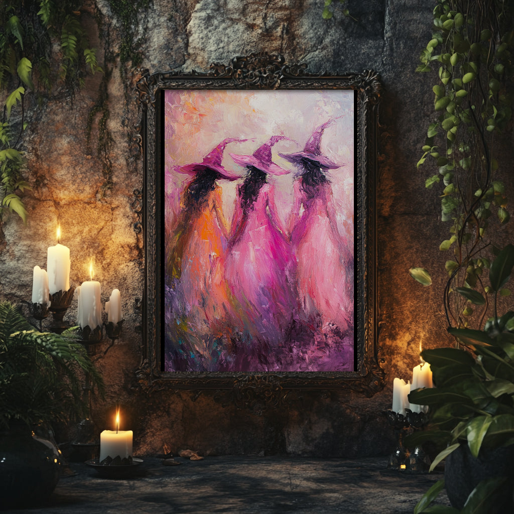 Pink Witches Impressionist Wall Art Poster – Magical Halloween Decor