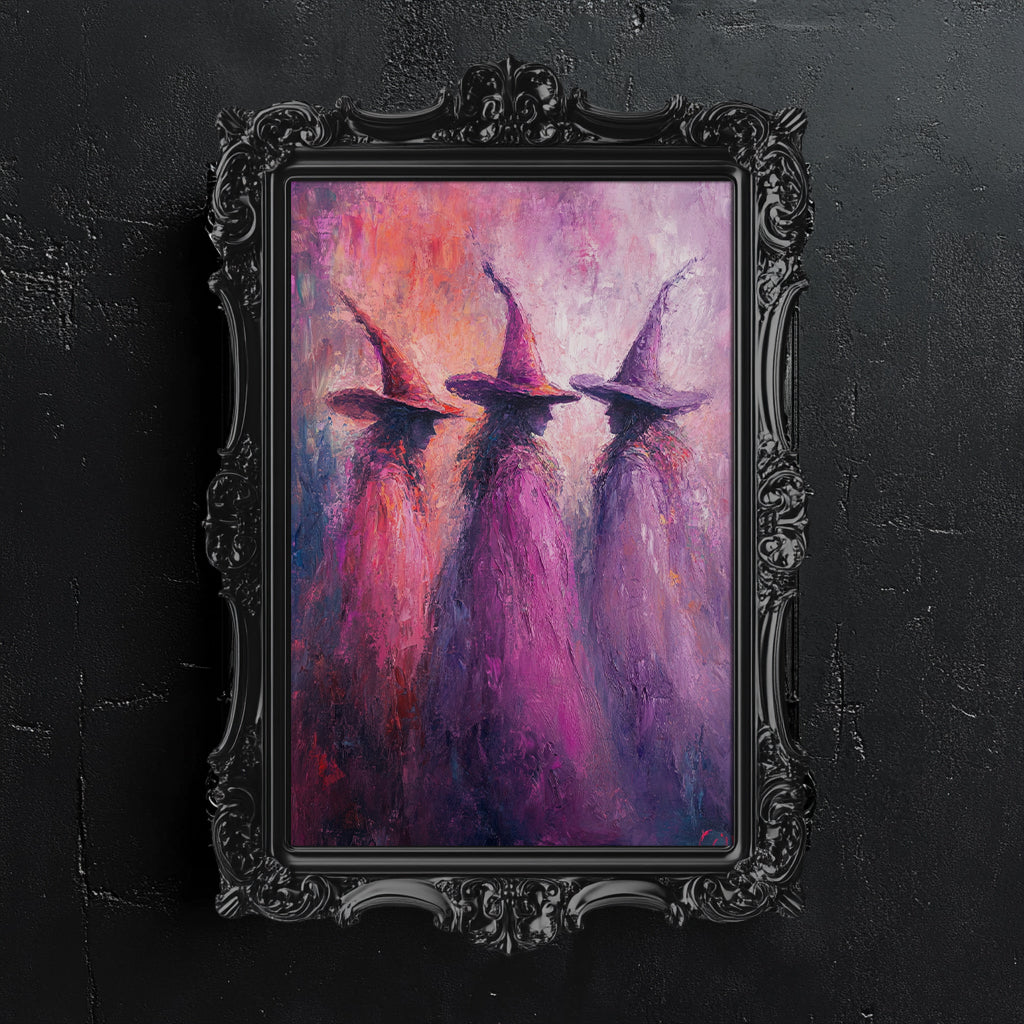 Pink Witches Impressionist Wall Art Poster – Magical Halloween Decor