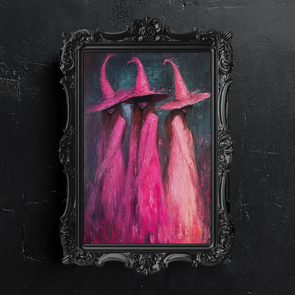 Impressionist Pink Witches Canvas Wall Art – Magical Halloween Decor