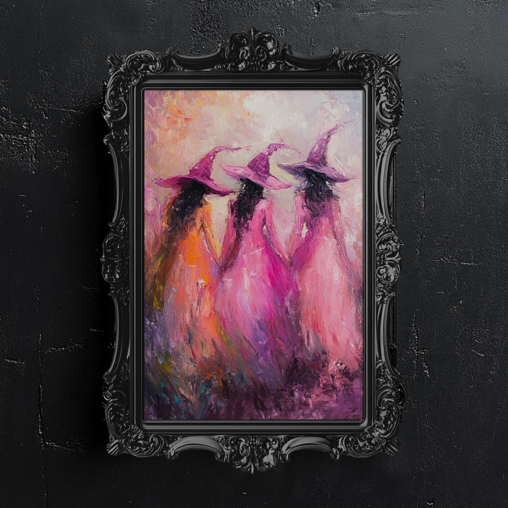 Pink Witches Impressionist Wall Art Poster – Magical Halloween Decor